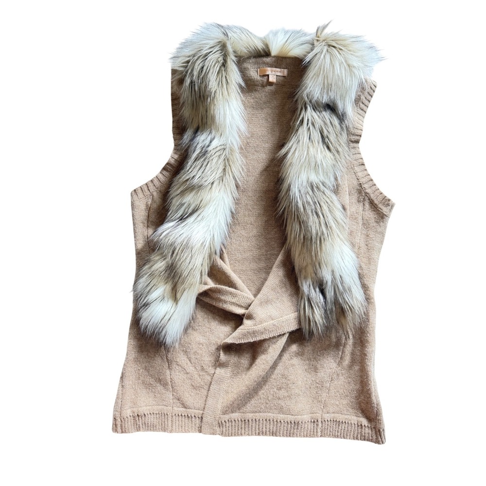 Skies Are Blue Tan Knit Sweater Vest Faux Fur Collar Sleeveless Cardigan Small